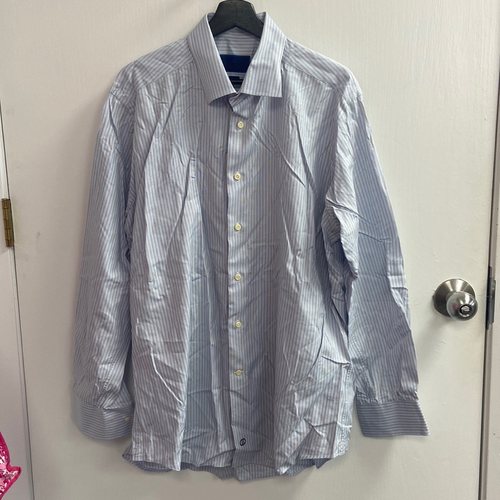 David Donahue Mens Blue/White/Brown Dress Shirt (5081)